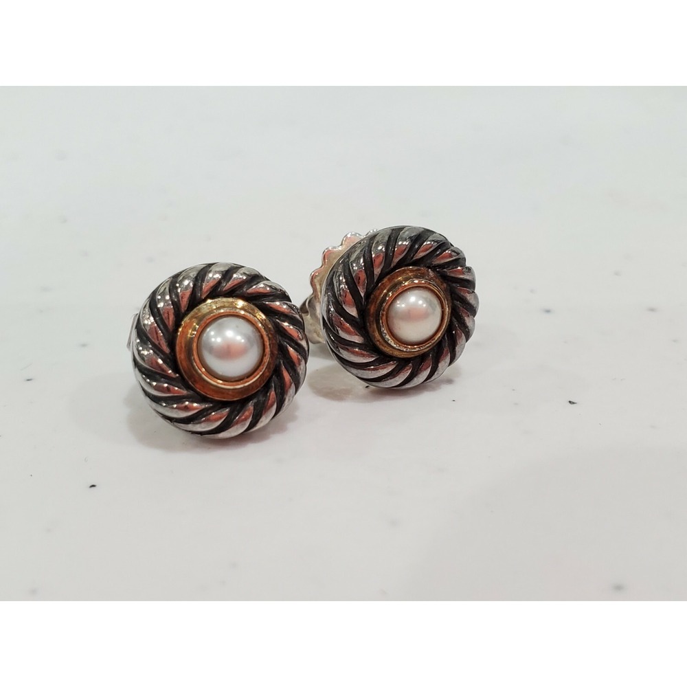 David Yurman Pearl Infinity Stud Earrings in Sterling Silver 585 Gold MINI - Picture 3 of 8
